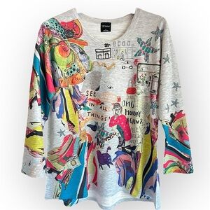 Inoah graphic Art Deco sweatshirt long sleeve, A-Line allover graphic, NWOT,S